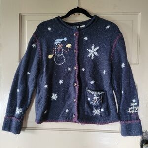 VTG North Crest Women's Christmas Cardigan Sz Medium Blue Snowman Knit Sweater